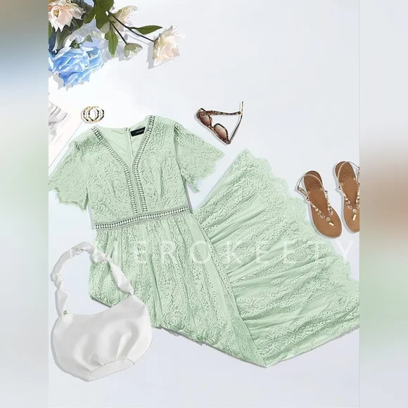 Women's V Neck Short Sleeve Floral Lace Dress - Mint - Medium - Picture 3 of 4